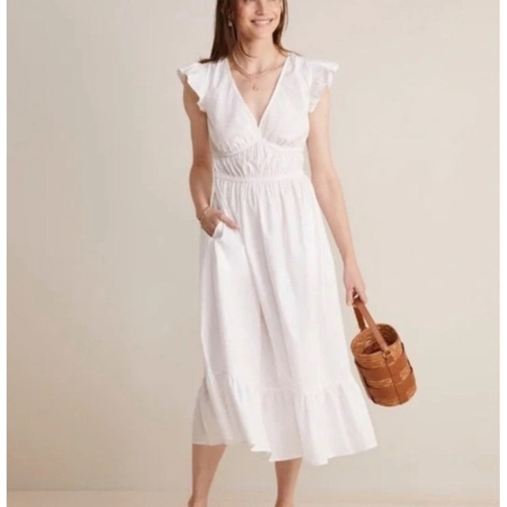 NEW Vineyard Vines Marina Poplin Flutter Sleeve Dress White Midi Smocked Waist M